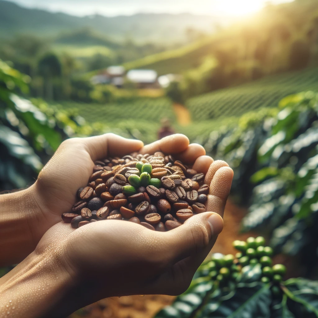 a handful of single origin coffee in the hands of a farmer